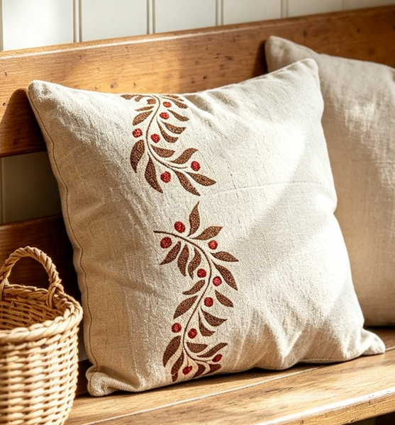 Leaf and Berry Border Scroll Square Cushion