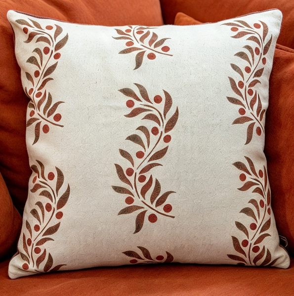 Leaf and Berry Scroll Print Square Cushion