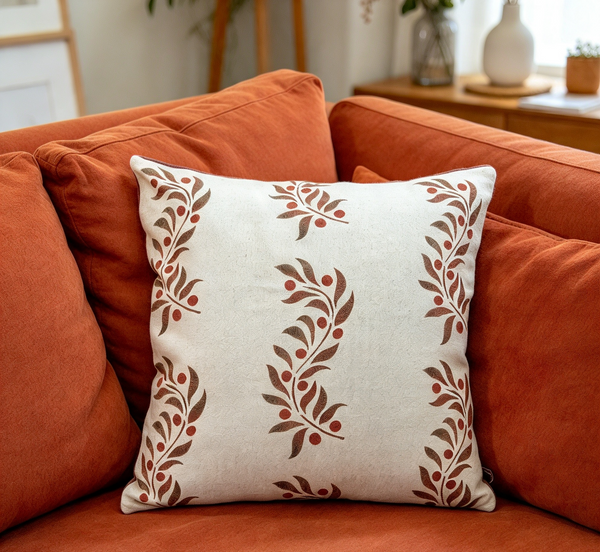 Leaf and Berry Scroll Print Square Cushion