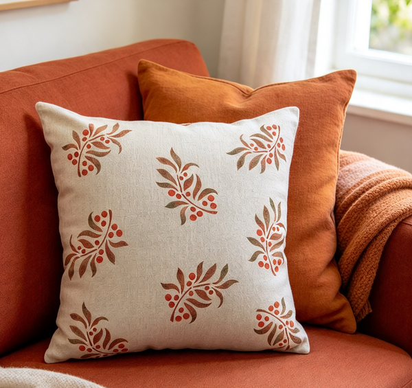 Leaf and  Berry Sprig Square Cushion
