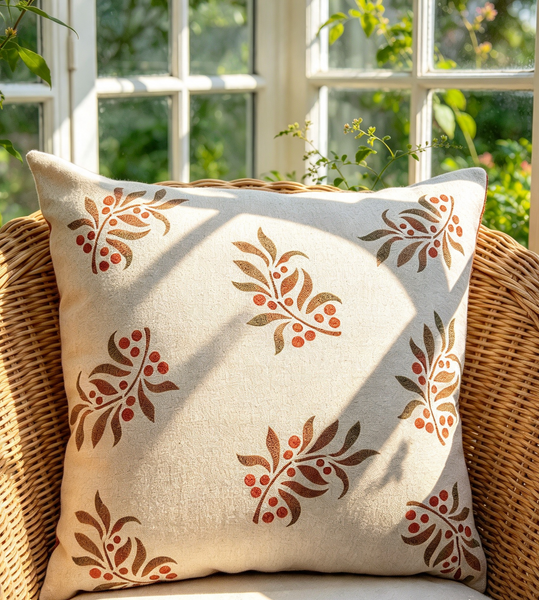 Leaf and  Berry Sprig Square Cushion