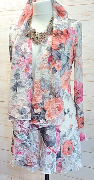 Juliette Stretch Summer Garden Print Lace Wrap Coat/Jacket