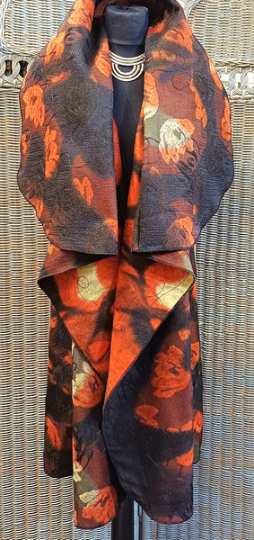 Ashley Long Sleeveless Felted Wool Blend Print Wrap Gilet