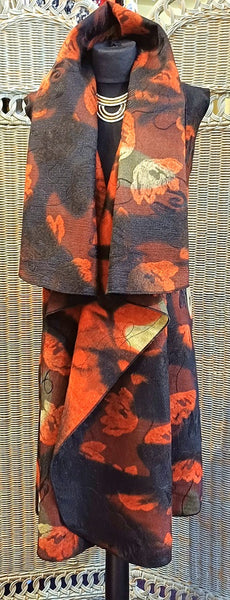 Ashley Long Sleeveless Felted Wool Blend Print Wrap Gilet