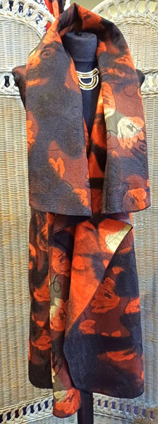 Ashley Long Sleeveless Felted Wool Blend Print Wrap Gilet