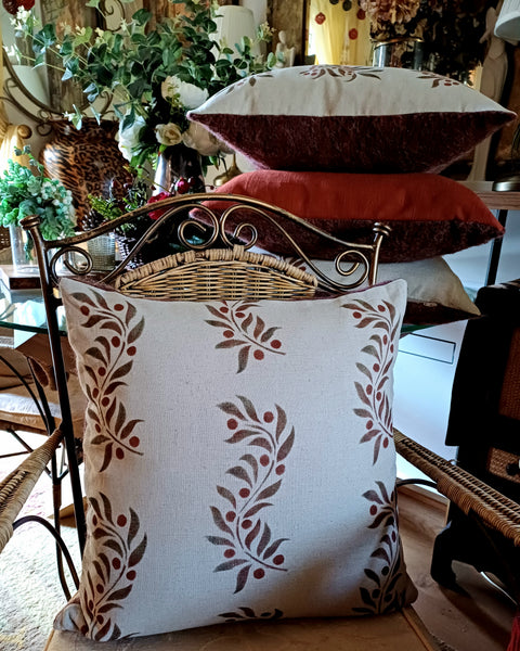 Leaf and Berry Scroll Print Square Cushion